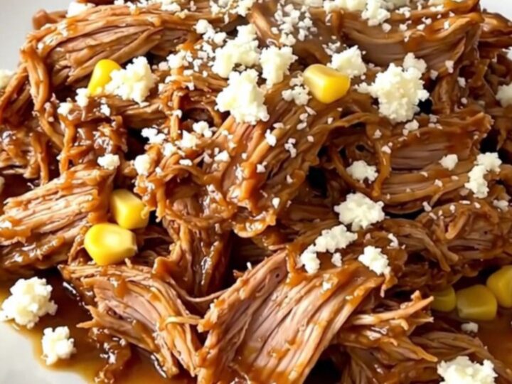 A plate of shredded pulled pork mixed with corn and topped with crumbled cotija cheese.