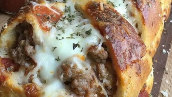A golden-brown braided pizza bread loaf fresh out of the oven, garnished with melted parmesan and fresh herbs on a wooden