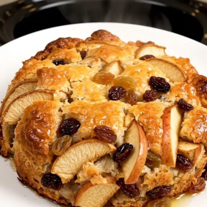 A close-up of warm, golden apple cobbler in a white bowl with visible raisins and cinnamon.