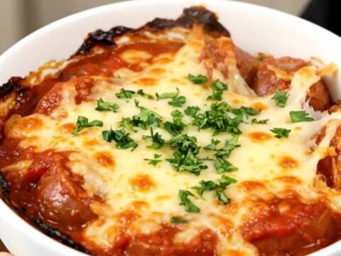 A top-down view of a steaming slow cooker filled with layers of Italian sausage, polenta, and crushed tomatoes.