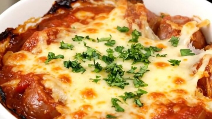A top-down view of a steaming slow cooker filled with layers of Italian sausage, polenta, and crushed tomatoes.