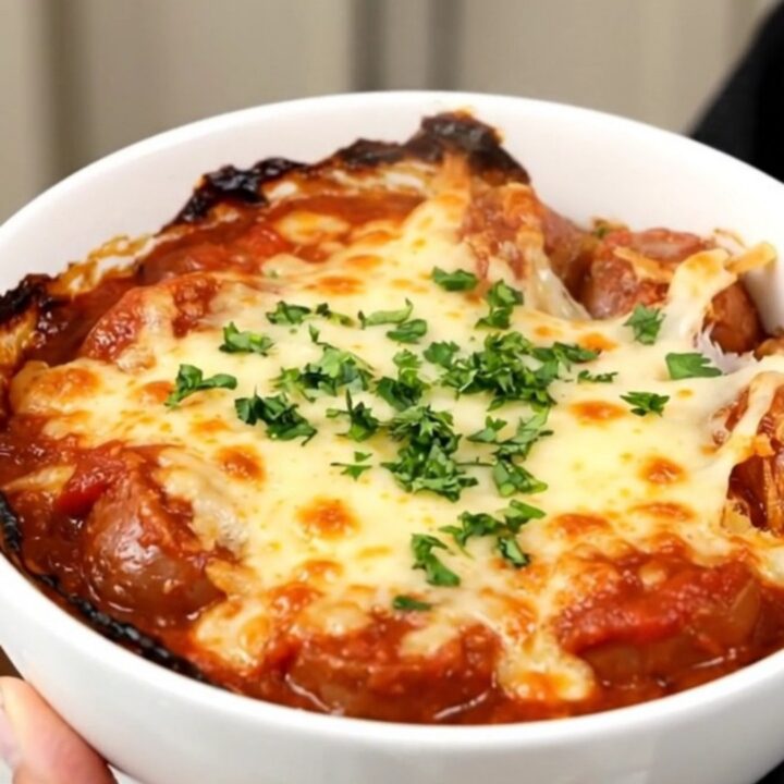 A top-down view of a steaming slow cooker filled with layers of Italian sausage, polenta, and crushed tomatoes.