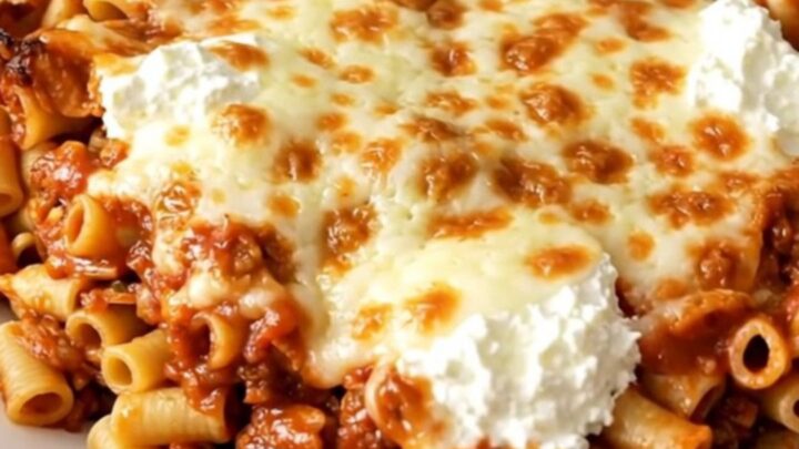 A slow cooker filled with cooked ziti, melted mozzarella, ricotta cheese, and fresh spinach.