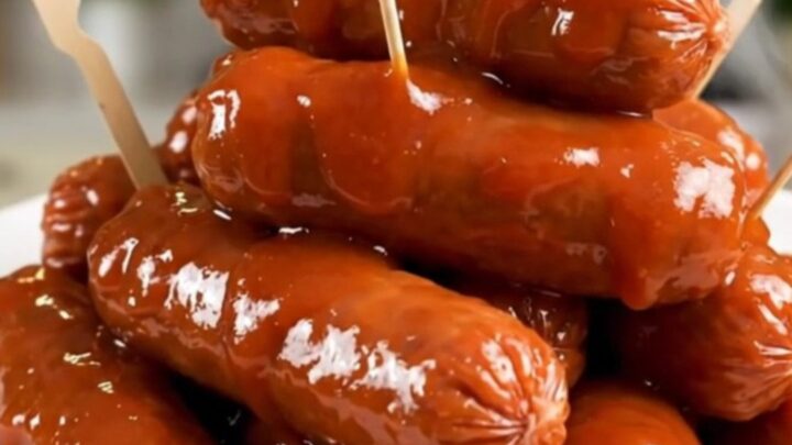 A close-up of glossy, glazed cocktail sausages on a white plate with toothpicks.