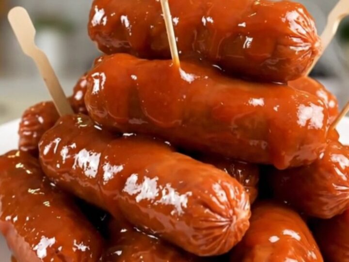A close-up of glossy, glazed cocktail sausages on a white plate with toothpicks.