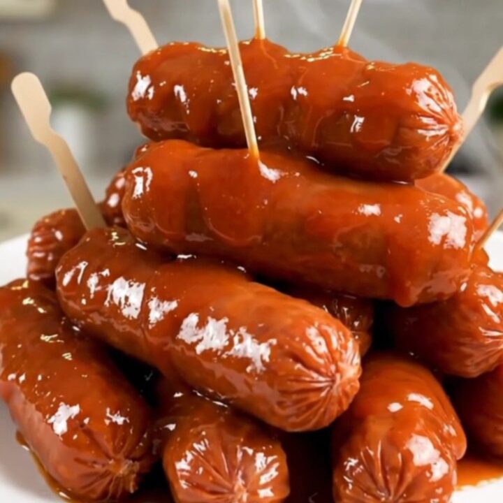 A close-up of glossy, glazed cocktail sausages on a white plate with toothpicks.