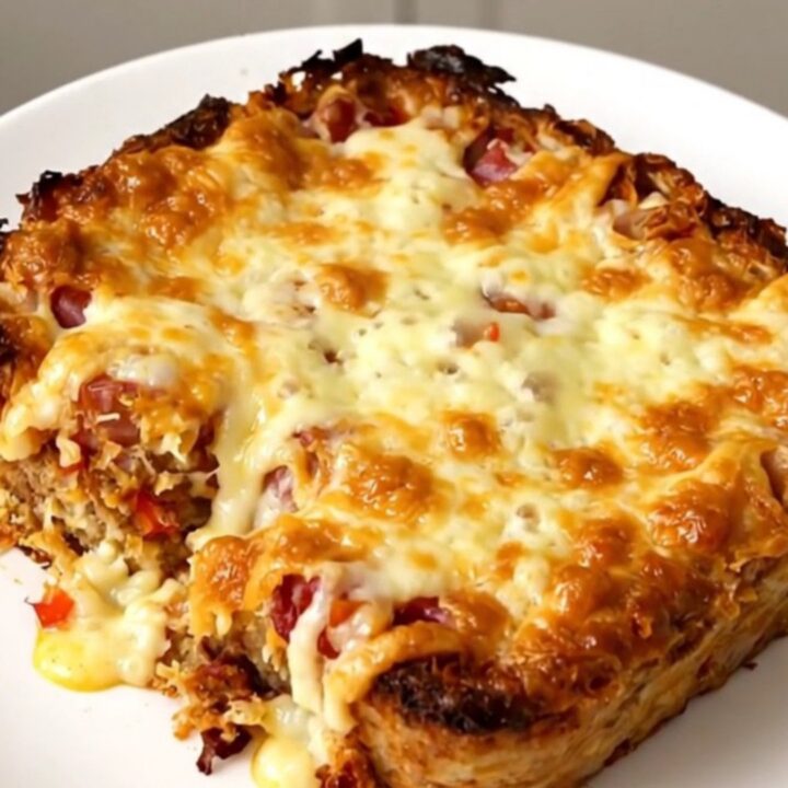 A slow cooker filled with a golden hash brown, sausage, and cheese casserole.
