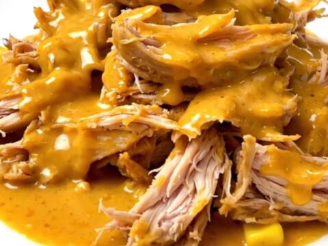 A close-up view of shredded chicken in a creamy, orange-tinted chipotle cheese sauce with corn kernels on a white plate.