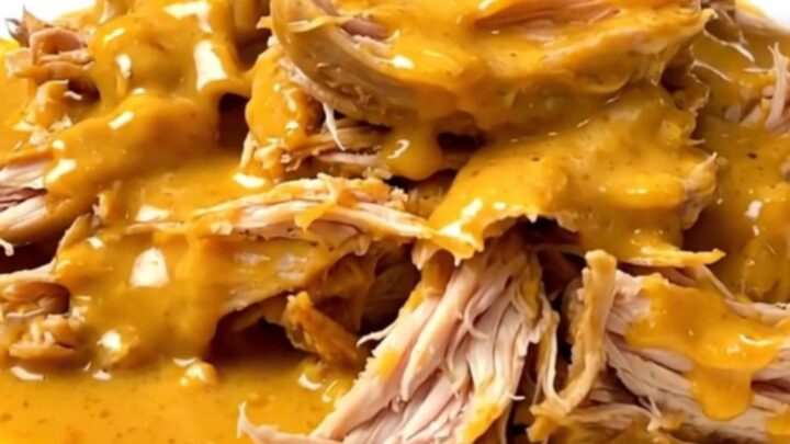 A close-up view of shredded chicken in a creamy, orange-tinted chipotle cheese sauce with corn kernels on a white plate.