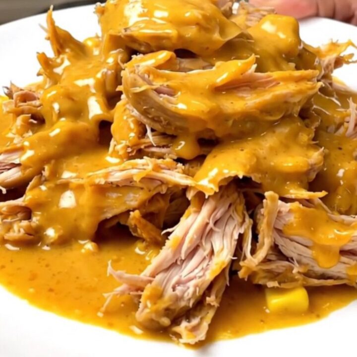 A close-up view of shredded chicken in a creamy, orange-tinted chipotle cheese sauce with corn kernels on a white plate.