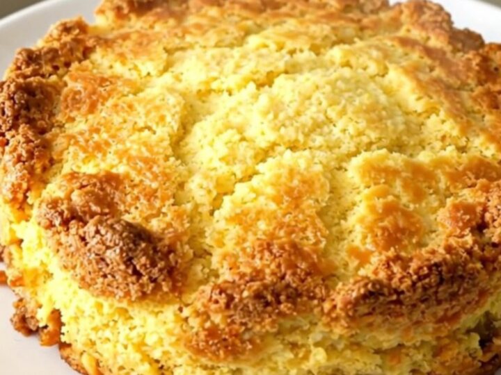 A hearty beef and cornbread casserole in a black slow cooker with a golden crust.