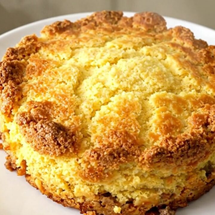 A hearty beef and cornbread casserole in a black slow cooker with a golden crust.