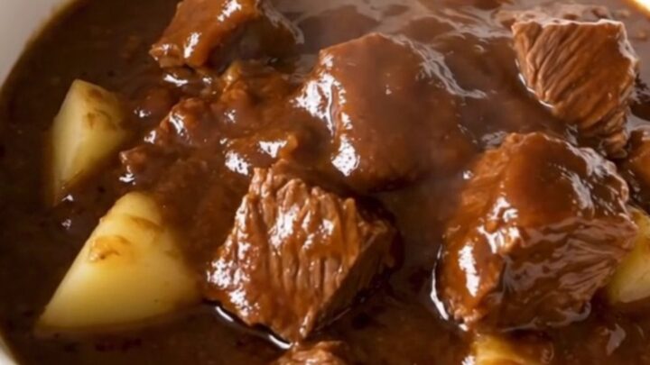 A white bowl filled with steaming, glossy beef stew featuring tender chunks of beef and potatoes in a rich barbecue glaze.