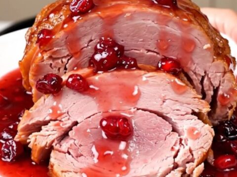 A close-up of a tender, glazed ham in a slow cooker with a ruby-red cranberry coating.