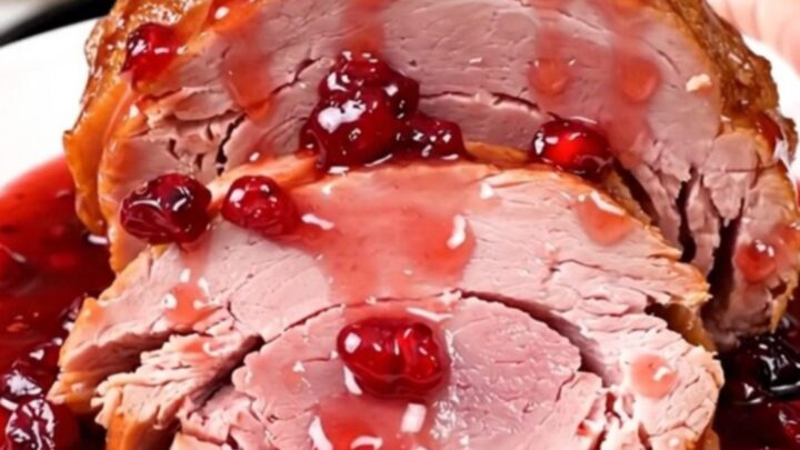 A close-up of a tender, glazed ham in a slow cooker with a ruby-red cranberry coating.