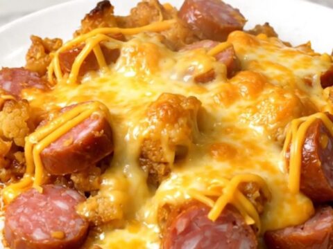 A steaming, cheesy slow cooker smoked sausage and cauliflower au gratin served on a round white plate.
