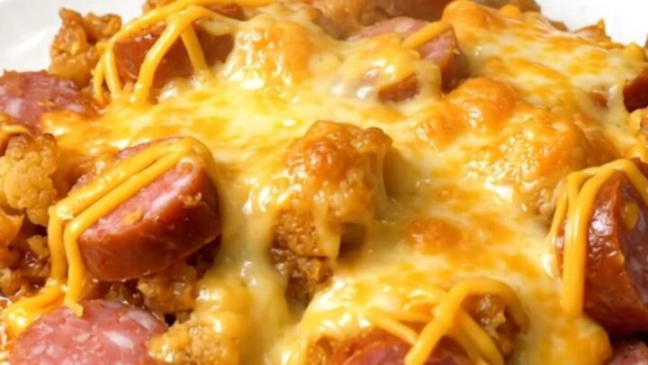 A steaming, cheesy slow cooker smoked sausage and cauliflower au gratin served on a round white plate.
