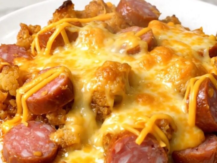 A steaming, cheesy slow cooker smoked sausage and cauliflower au gratin served on a round white plate.