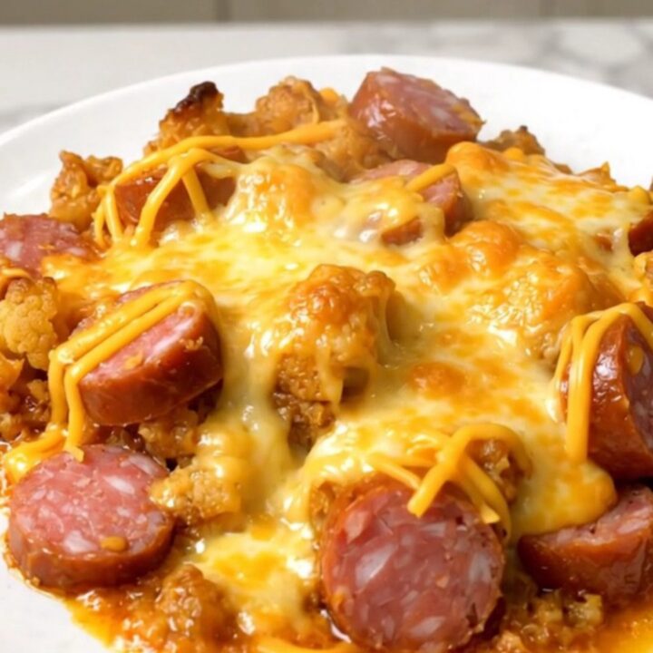 A steaming, cheesy slow cooker smoked sausage and cauliflower au gratin served on a round white plate.