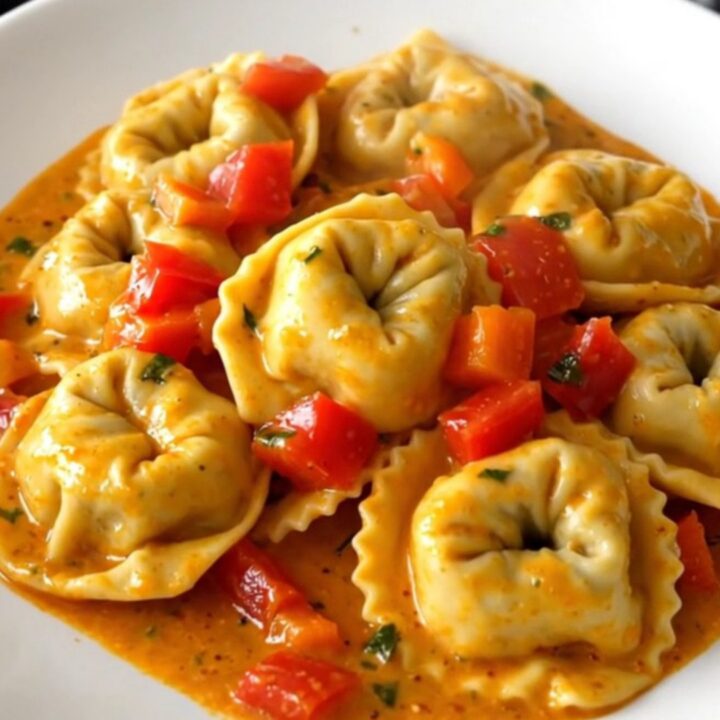 A top-down view of a slow cooker filled with creamy roasted red pepper tortellini before serving.