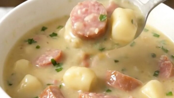 A steaming bowl of creamy garlic parmesan gnocchi soup with crumbled Italian sausage, photographed from a 45-degree angle.