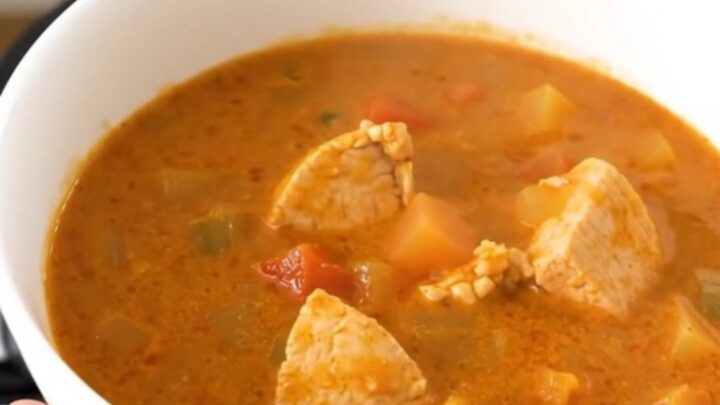 A white bowl filled with creamy tomato chicken stew, garnished with herbs, held in front of a bright kitchen background.
