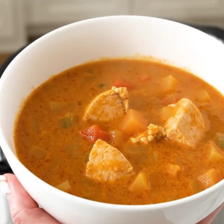 A white bowl filled with creamy tomato chicken stew, garnished with herbs, held in front of a bright kitchen background.
