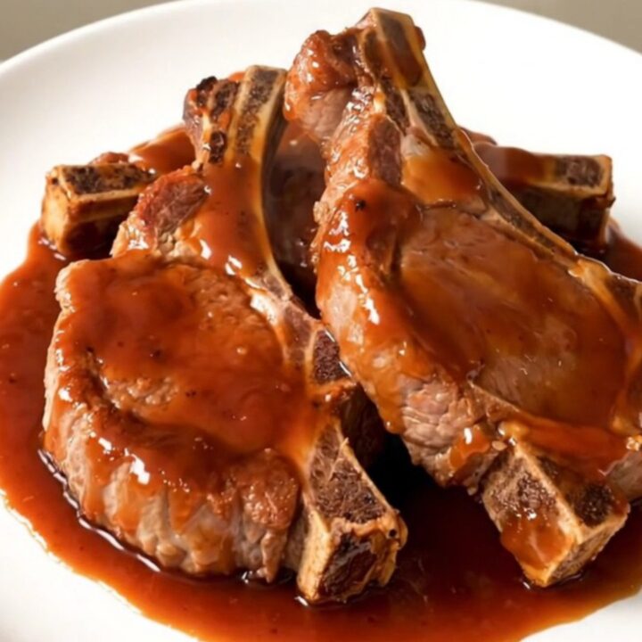 A top-down view of raw pork chops in a slow cooker with soy sauce, garlic, and sweet chili sauce being added.