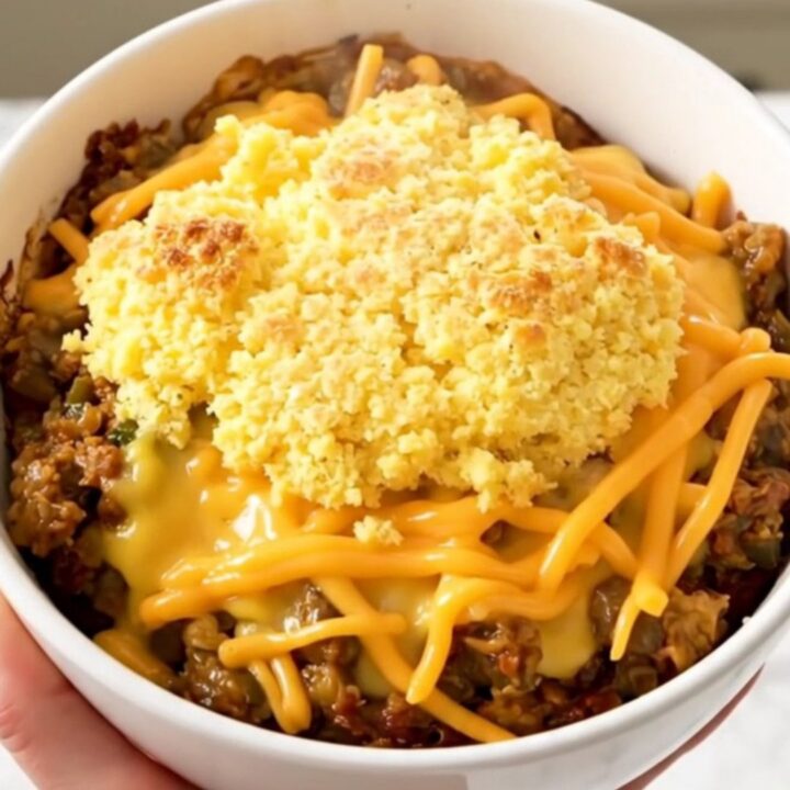 A rustic bowl of Crockpot Green Chile Chicken Tamale with a golden cornbread topping and melted cheese.