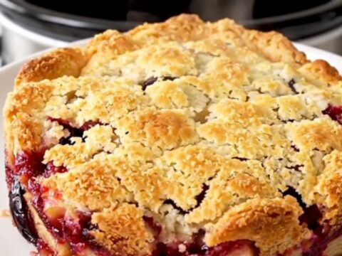 A warm bowl of spiced plum and apple cobbler with a golden cake topping.