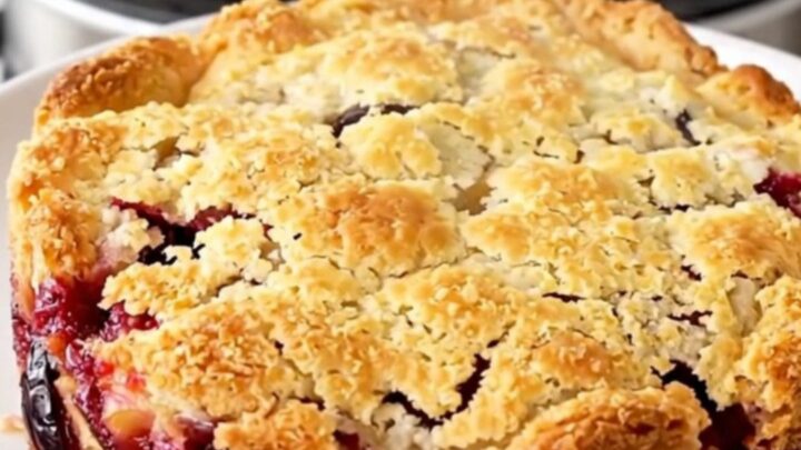 A warm bowl of spiced plum and apple cobbler with a golden cake topping.