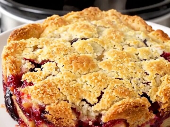 A warm bowl of spiced plum and apple cobbler with a golden cake topping.