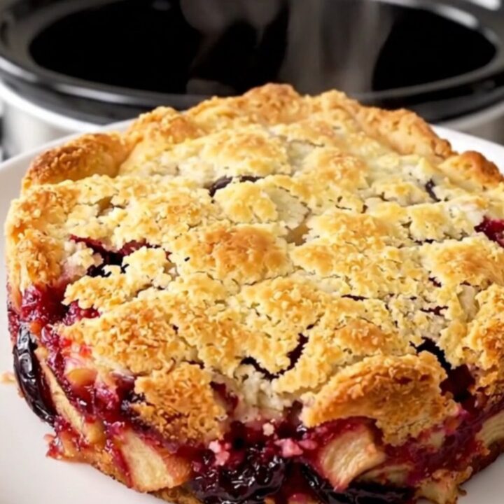 A warm bowl of spiced plum and apple cobbler with a golden cake topping.