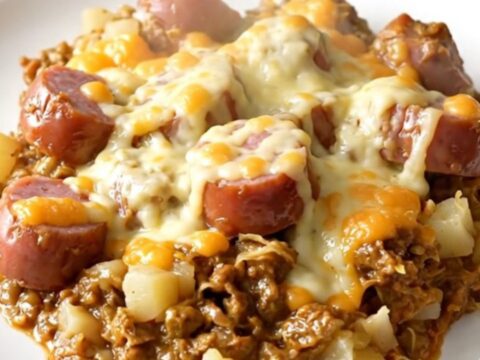A top-down view of a black slow cooker filled with creamy bratwurst and red potatoes on a white quartz countertop.