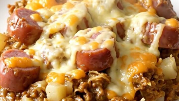 A top-down view of a black slow cooker filled with creamy bratwurst and red potatoes on a white quartz countertop.