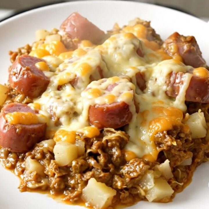 A top-down view of a black slow cooker filled with creamy bratwurst and red potatoes on a white quartz countertop.