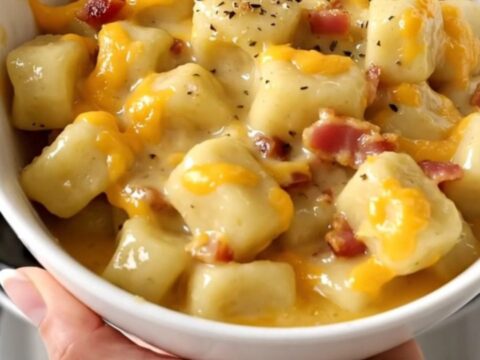 A close-up of creamy cheesy bacon gnocchi in a white bowl with a soft-focus kitchen background.