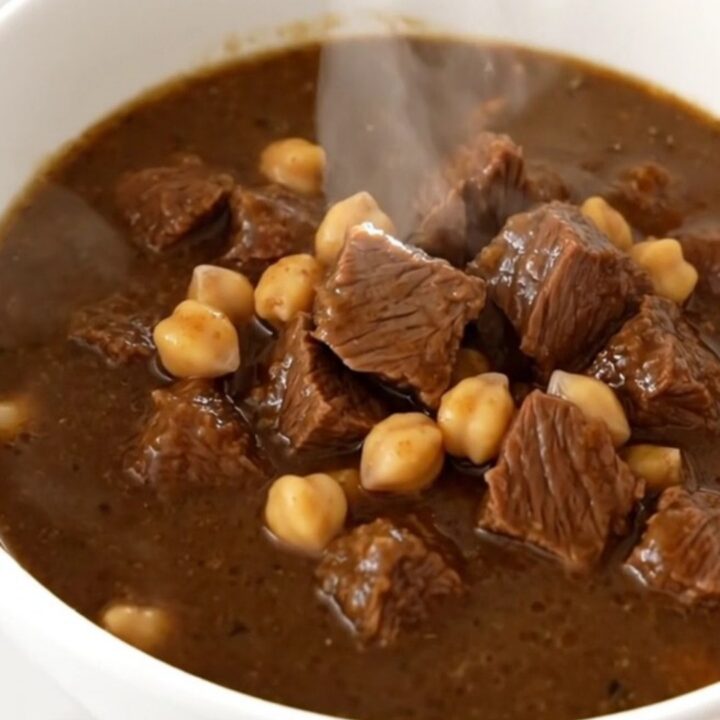 A white bowl filled with steaming beef and chickpea stew, showing tender meat and whole chickpeas in a rich brown sauce.
