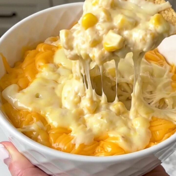 A close-up shot of a bubbly, golden pepper jack corn dip in a white bowl, steaming and ready to eat.