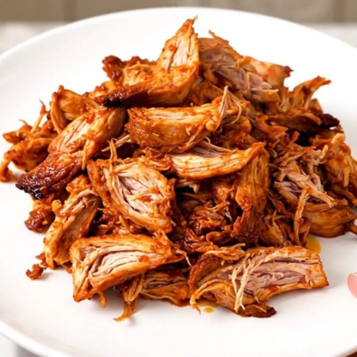 A top-down view of a black slow cooker filled with raw chicken breasts, diced white onions, and tomatoes.