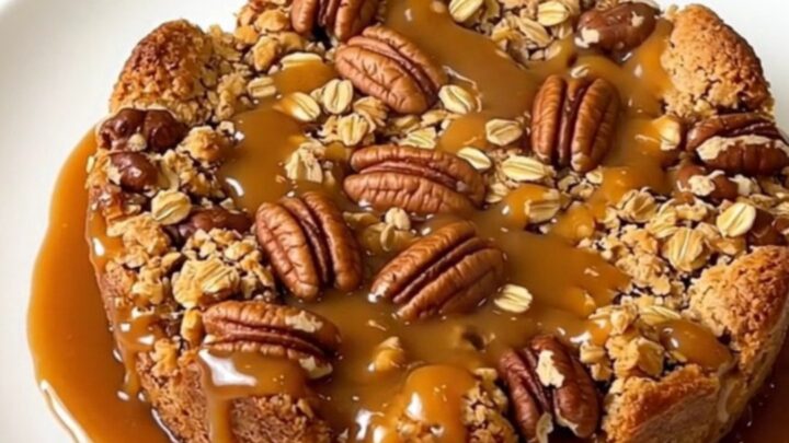 A close-up of a warm, golden caramel apple pecan crisp served on a white plate.