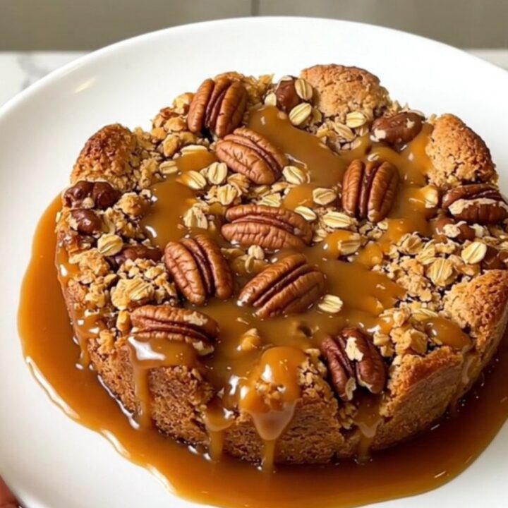 A close-up of a warm, golden caramel apple pecan crisp served on a white plate.