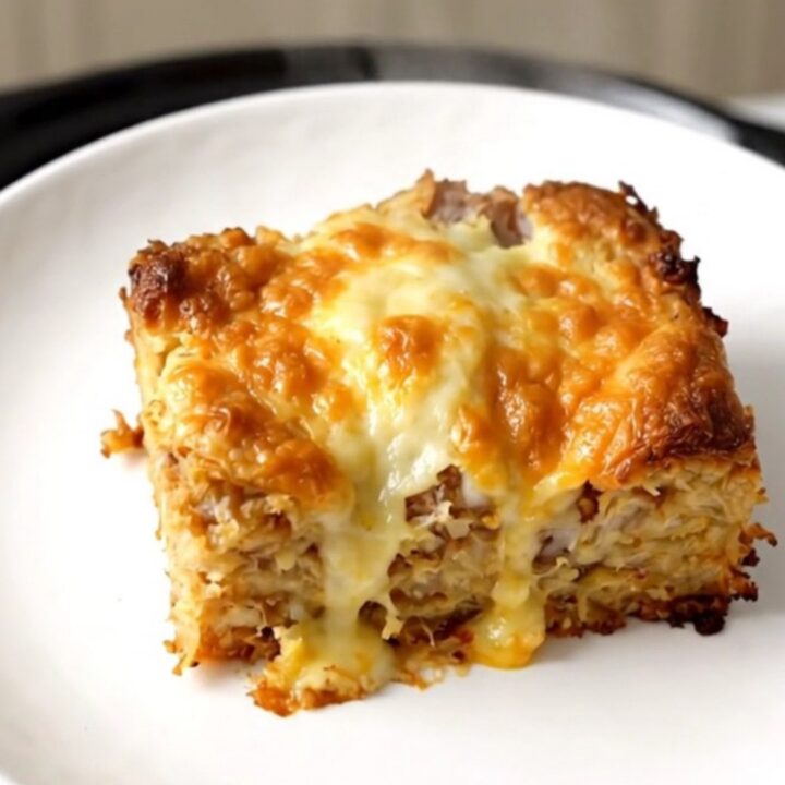 A warm, hearty breakfast casserole served on a white plate with visible hash browns, vegetables, and melted cheese.