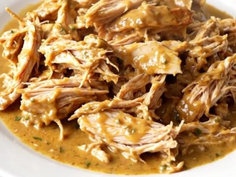 A top-down view of creamy fontina herb chicken served on a white plate.
