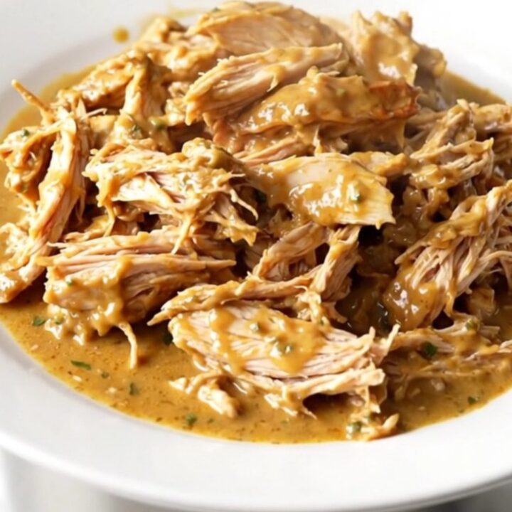 A top-down view of creamy fontina herb chicken served on a white plate.