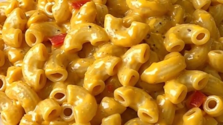 A close-up shot of a creamy, steaming bowl of Cajun macaroni with visible red bell peppers.