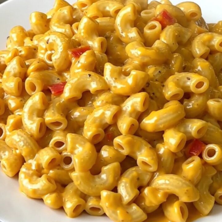 A close-up shot of a creamy, steaming bowl of Cajun macaroni with visible red bell peppers.