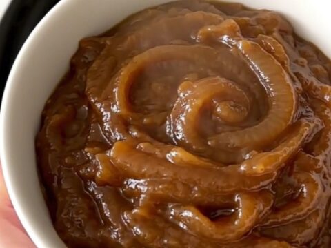 A warm, creamy caramelized onion dip in a white bowl, showing a smooth and glossy texture with visible onion pieces.