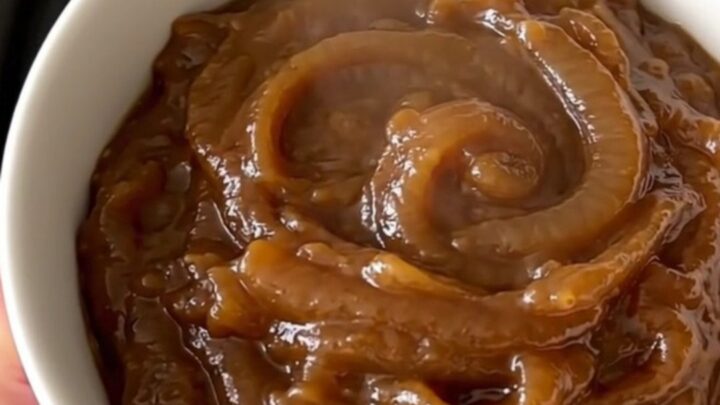 A warm, creamy caramelized onion dip in a white bowl, showing a smooth and glossy texture with visible onion pieces.