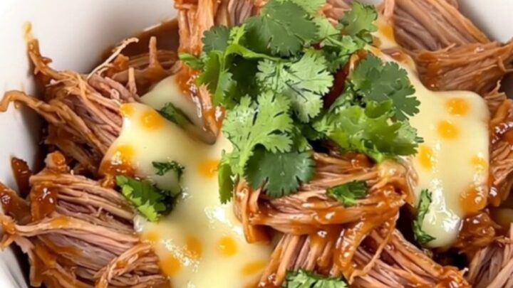 A white bowl filled with shredded pork, corn, and red enchilada sauce, topped with melted shredded cheddar cheese.